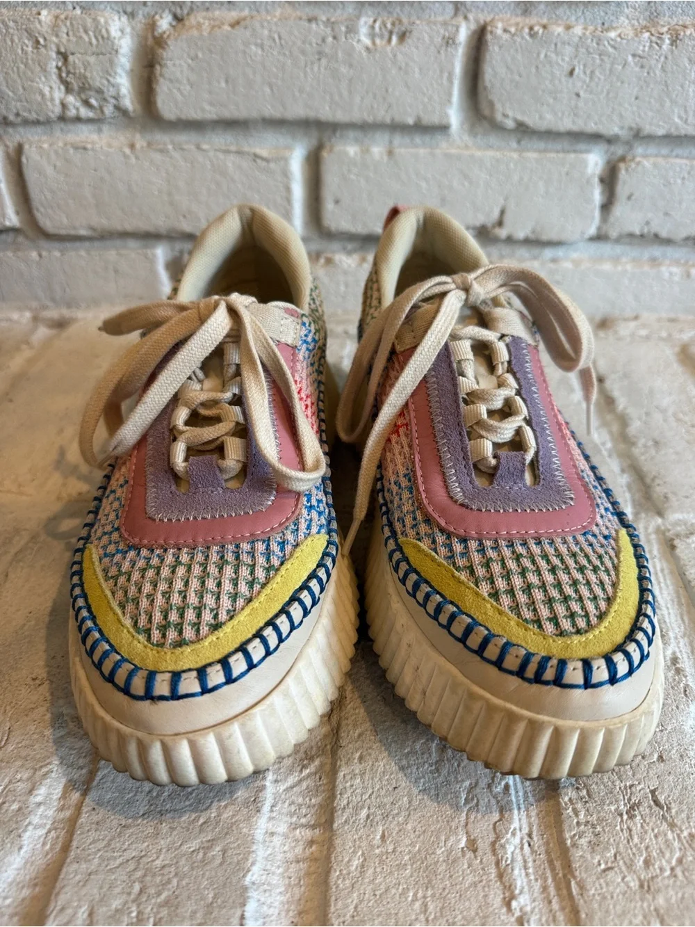 Dolce Vita Multicolor Platform Knit Lace-Up Sneakers - Cream Base